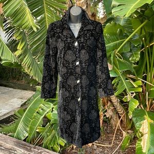 Aris , a burnout, silk velvet tapestry jacket or opera coat with jeweled buttons